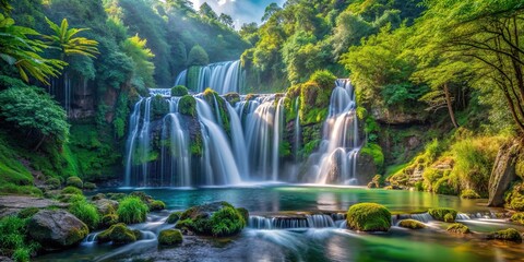 Scenic waterfall surrounded by lush forest , nature, tranquil, fresh, cascade, trees, serene, stream, wilderness, flowing, outdoors, greenery, beauty, peaceful, scenic, landscape