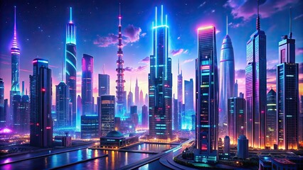 Futuristic cityscape with neon lights and skyscrapers in the background, futuristic, city, neon lights, technology, architecture, urban, night, glow, modern, skyline, buildings, cyberpunk