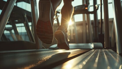 A close-up shot capturing a man's feet in motion on a treadmill, be it at the gym or in his own home
