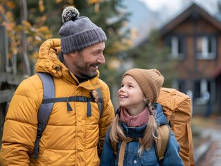 Fototapeta premium Parent and child on a winter hike enjoying time together in the great outdoors