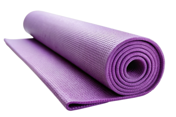 Rolled purple yoga mat isolated on white background. Perfect for fitness, exercise, and meditation routines.