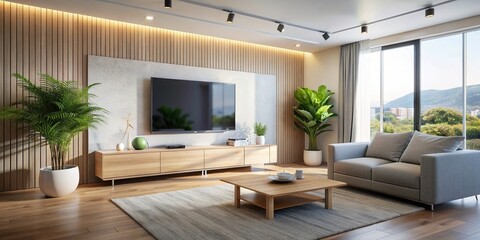 Modern flat screen TV in a minimalistic house setting, television, technology, entertainment, living room, interior design, sleek, electronic, contemporary, monitor, screen, display, home