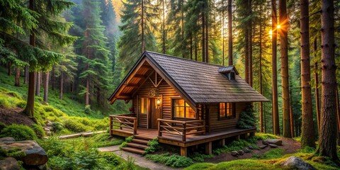 Cozy wooden cabin nestled in the lush forest , cabin, trees, woodland, nature, peaceful, tranquil, secluded, rustic, cozy, serene, remote, isolated, retreat, hideaway, wilderness, greenery