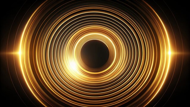 Abstract circle line pattern with spinning gold light on black background for music, technology, digital, and Generative , abstract, circle, line, pattern, spin, gold, light, black background
