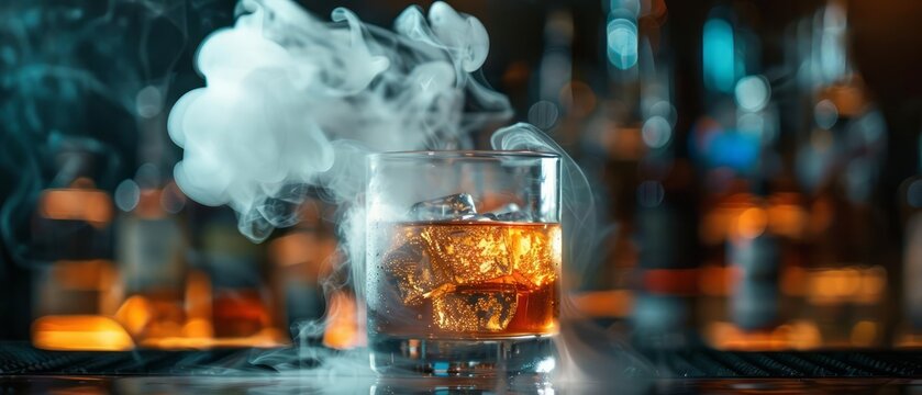 Whiskey drink in a glass with smoke rising from the top, set on a bar table for a dramatic presentation