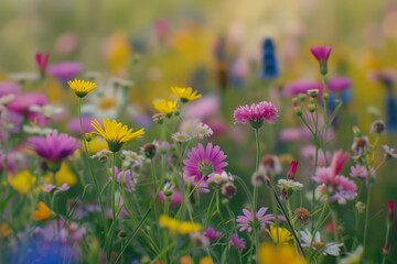 A peaceful countryside area full of colorful wildflowers