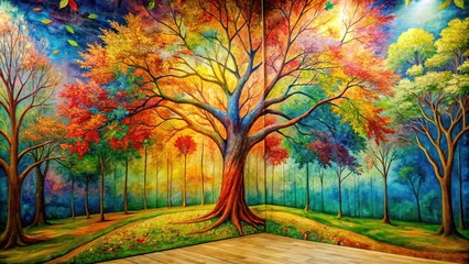 Colorful wallpaper with tree painting relief , , wallpaper, tree, painting, colorful, wall, relief, decor, interior, design, background, artistic, vibrant, texture, pattern, home