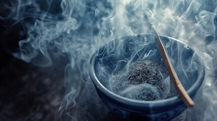 A bowl of smoke contains a wooden stick, in light silver and navy, with intricate layering and a soft-focus technique.