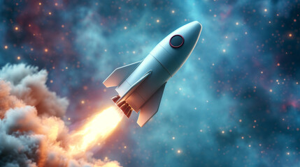 A white rocket is shown launching through the air, in a futuristic retro style with a realistic use of light and color in light red and azure.