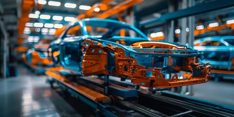Modern car production on a busy assembly line in a high-activity factory