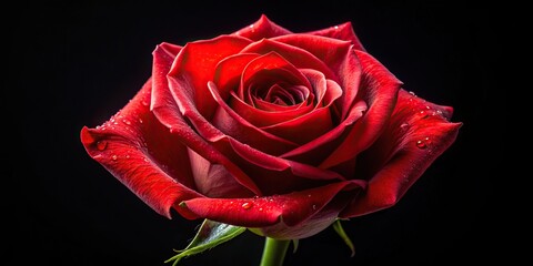 Vibrant red rose contrasting against a black background, romantic, flower, floral, elegant, contrast, minimalist, beauty, bloom, Valentine's Day, dark, love, vibrant, petal, symbol, passion