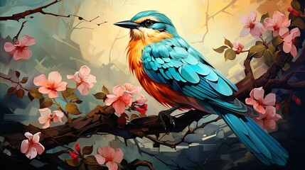 Fototapeta premium A pair of vibrant parrots perched on a branch, their colorful plumage blending seamlessly with the lush foliage of the rainforest. Painting Illustration style, Minimal and Simple,