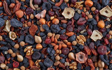 Many dried fruits and nuts are arranged on the ground, influenced by precisionism, in a warmcore style, with light navy and dark maroon colors.