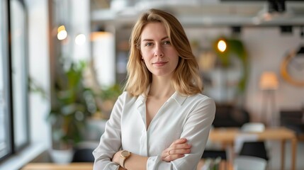 Young business woman in an office,modern interior background,copy space concept,mockup template.