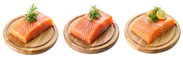 Salmon slice on wooden plate highly detailed isolated on transparent background PNG file
