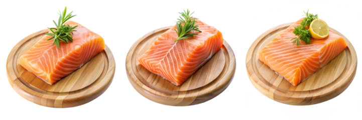 Salmon slice on wooden plate highly detailed isolated on transparent background PNG file
