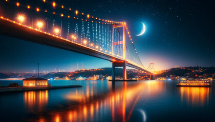Fototapeta premium Istanbul bridge at night with crescent moon.