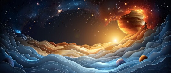 A colorful space scene with a large planet in the center