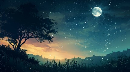 Fototapeta premium Night sky with stars and moon,landscape with grass field,tree silhouette,fantasy background.
