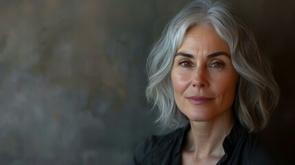 A portrait of beautiful mature woman short gray hair  in black shirt looking camera soft background.