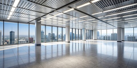 Modern empty office building interior with white open ceiling design and glass windows showcasing skyline view , office, building, interior, modern, empty, space, glass window, skyline