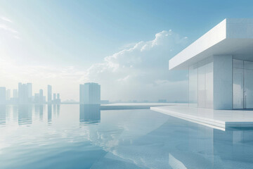 Modern buildings by the lake. The modern urban skyline is in the background.
