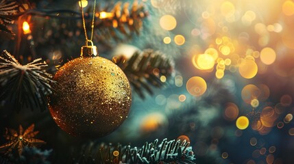 Hanging glimmering colorful gold ball Christmas ornament decoration at the Christmas tree. Background for seasonal greetings. Merry Christmas decoration concept bokeh lights