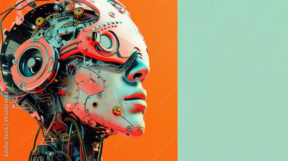 Poster the image shows a colorful robot head in profile with a green background on the right side. the robo