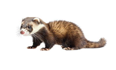 Close-up image of a ferret with a brown and white coat against a white background, showcasing its curious and playful nature.
