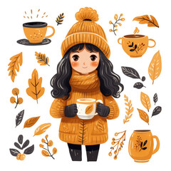 Cozy Autumn Illustration with Girl and Coffee