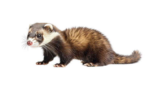 Close-up image of a ferret with a brown and white coat against a white background, showcasing its curious and playful nature.