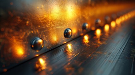 Close-up of an illuminated riveted metal surface with orange and yellow lights reflecting, creating a warm and industrial atmosphere.