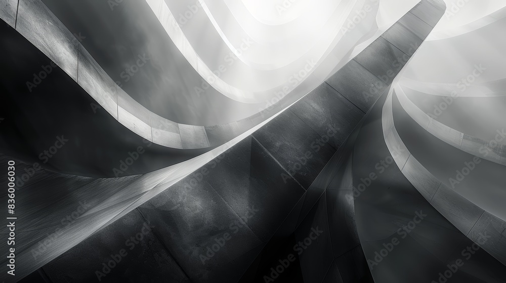 Poster monochrome abstract architectural background featuring smooth, curving lines and dynamic light and s