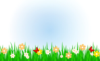 Universal nature background with grass, flowers, butterflies with copy space.
