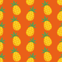 Seamless Hand Drawn Pattern Pineapple on Orange, Tropical Vector Pattern