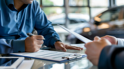A car dealer and a customer sitting at a desk reviewing a rental vehicle contract, highlighting the paperwork and agreement process. Ai generated