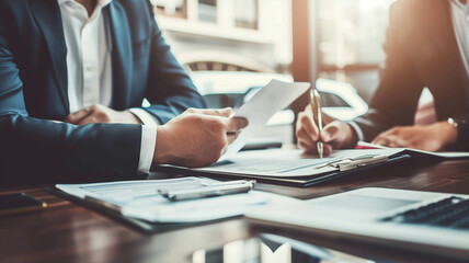 A car dealer and a customer sitting at a desk reviewing a rental vehicle contract, highlighting the paperwork and agreement process. Ai generated