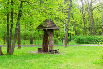 Wooden gazebo in the spring forest made in a tree trunk.