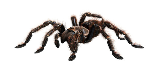 Close-up of a brown tarantula spider on a white background, showcasing its detailed hairy legs and body. Perfect for educational or themed content.