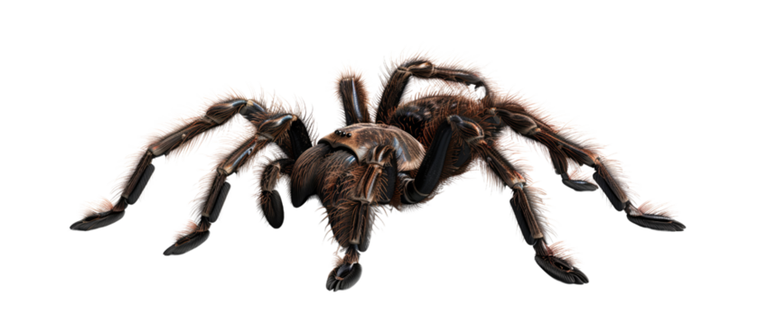 Close-up of a brown tarantula spider on a white background, showcasing its detailed hairy legs and body. Perfect for educational or themed content.