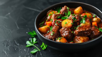 Fototapeta premium Black bowl filled with beef stew and roasted new potatoes, on a dark background
