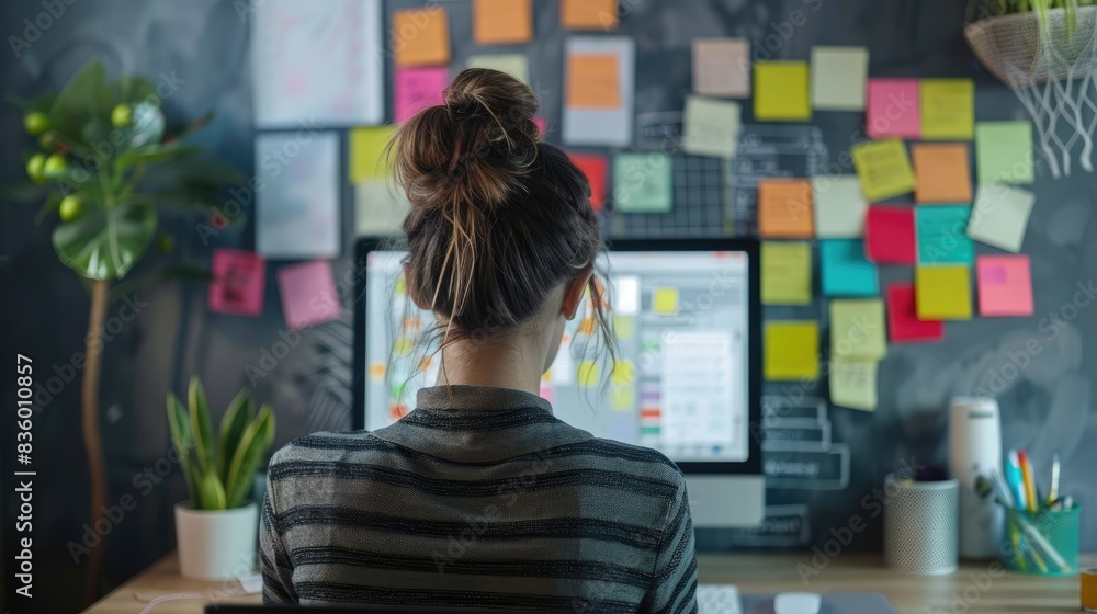 Poster rear view of a woman working on a computer with colorful sticky notes on the wall.