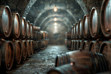 A wine barrel in a wine cellar filled with numerous other barrels, showcasing a rich collection of aging wine.