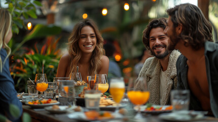 Group of friends, young men and women doing barbecue in nature, happy people sit at the table and have dinner, have fun at picnic, summer time concept, friendship