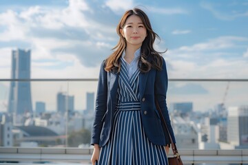 Japanese woman smiling with a handbag on a sunny day by a bridge in Tokyo

