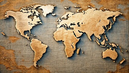 World map with textured relief effect on canvas, highlighting continents , geography, art,continents, globe, earth, texture, relief, canvas, background, cartography, countries, natural, world