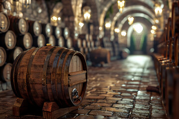 A wine barrel in a wine cellar filled with numerous other barrels, showcasing a rich collection of aging wine.