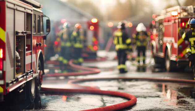 a  of a fire station's training yard with fire engines and training equipment, capturing a blurred background of firefighters practicing drills, Fire Station, Fire En