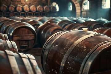 A wine barrel in a wine cellar filled with numerous other barrels, showcasing a rich collection of aging wine.