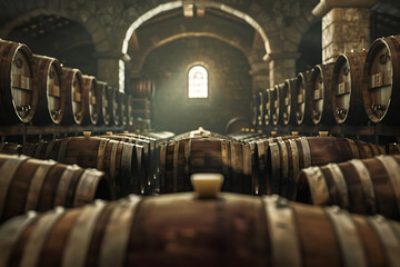 A wine barrel in a wine cellar filled with numerous other barrels, showcasing a rich collection of aging wine.